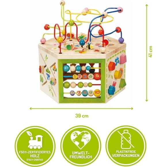 Garden Activity Cube. Wood Shape & Color Sorter, Bead Maze & Counting Baby Toy - Picture 2 of 7